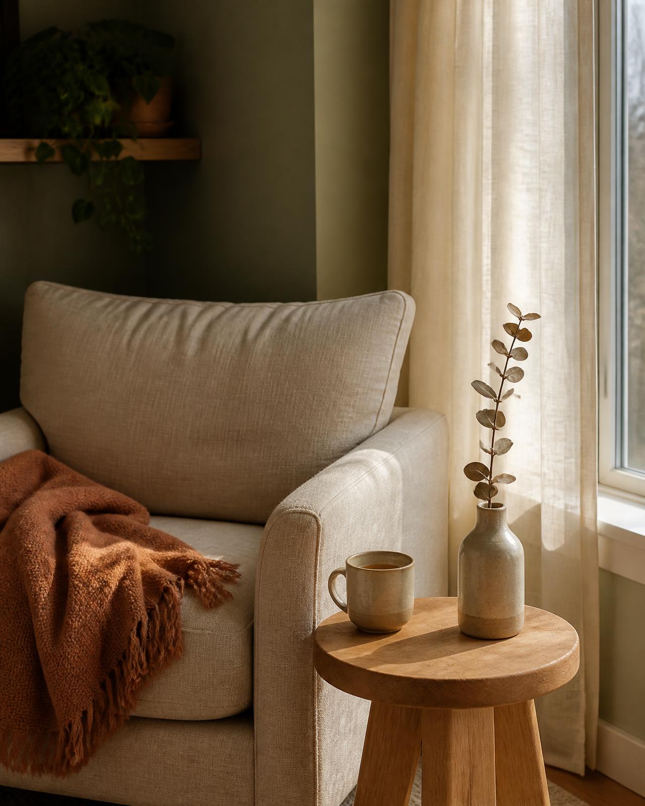 Sunlit reading corner with a linen armchair, terracotta throw blanket and a warm cup of tea